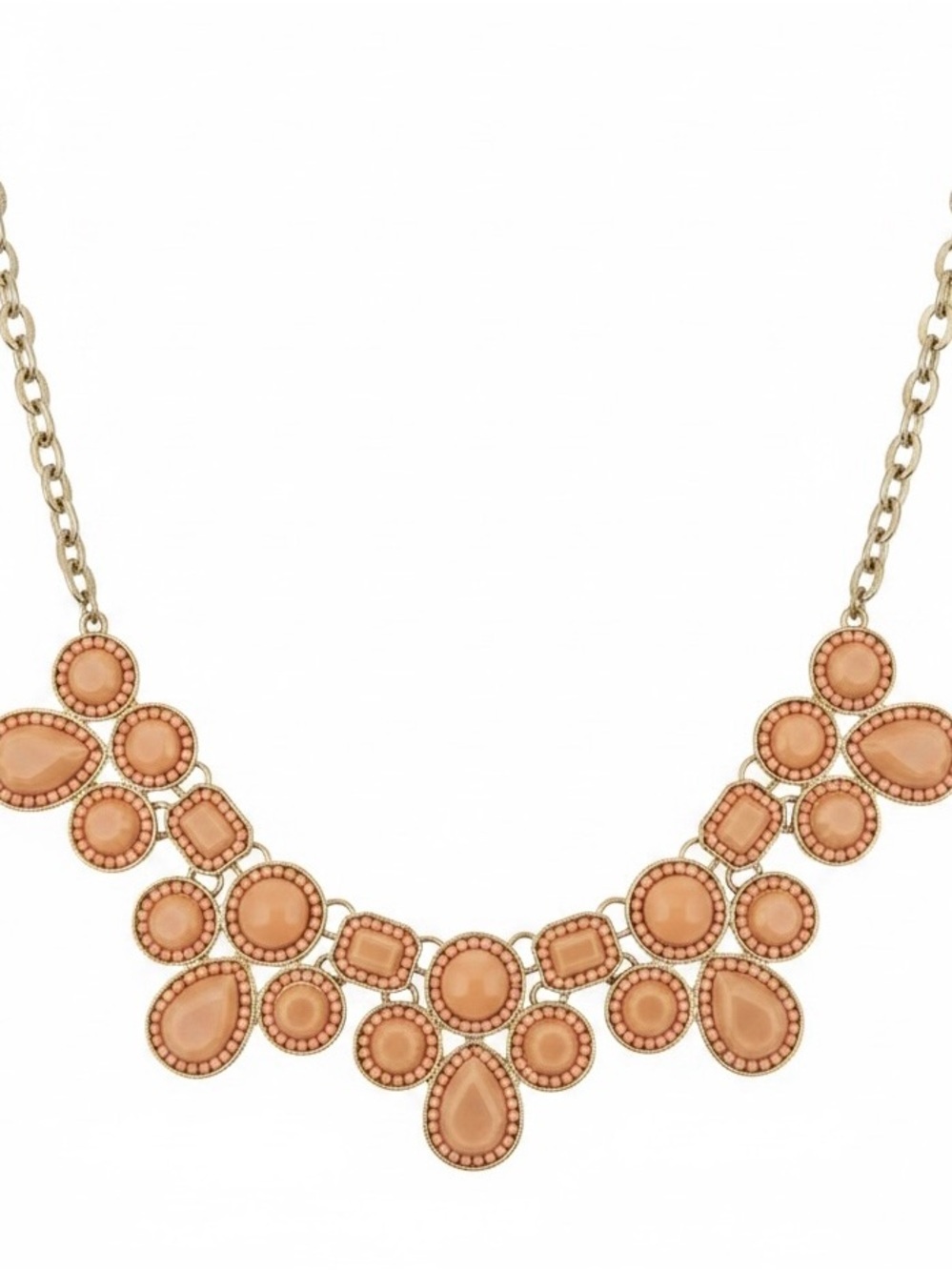 Peach Tan Statement Bib Necklace Gold Tone Faux Stone Beaded Adjustable 21” - Picture 5 of 11